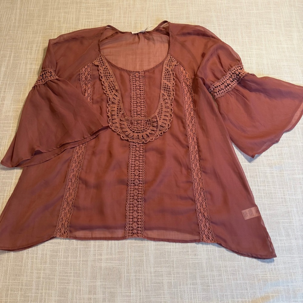 Blu Pepper Mauve Crochet Lace Sheer Chiffon Bell Sleeve Boho Blouse Large B3267